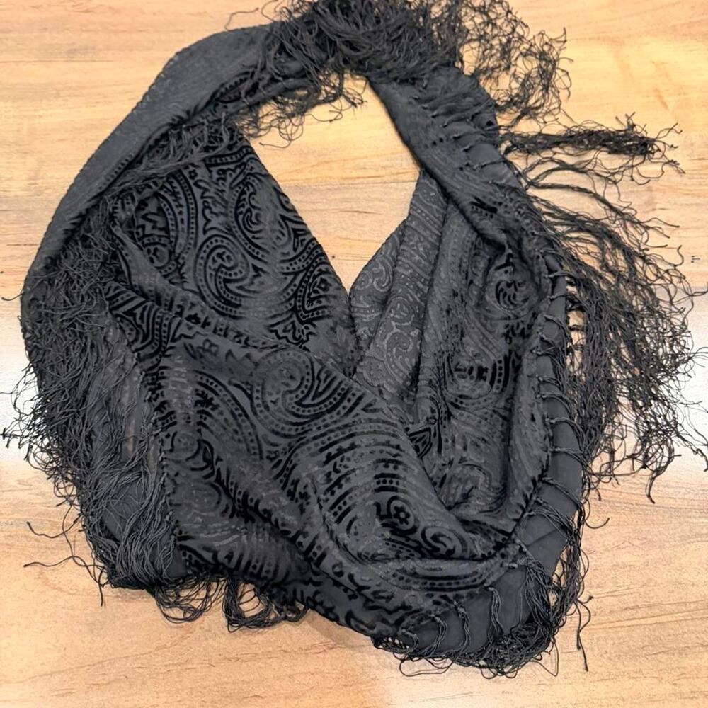 Vintage Whimsigoth Black Burnout Velvet Paisley Fringe Scarf Shawl Wrap